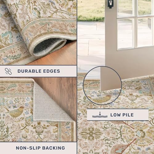 Hazo Haus Boho Long Bathroom Runner Rug 2x6 - Floral & Bird Runner Rug for Kitchen Floor, Hallway, Laundry Room, Bedroom, Entrance, Beige Neutral Vintage Decor, Washable Non Slip Low Pile