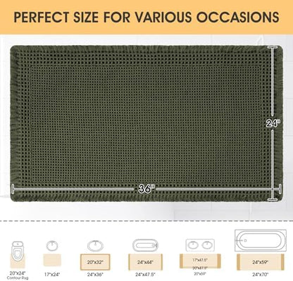 Waffle Bath Mat, Boho Woven Modern Bath Rug Absorbent Non Slip, Ultra Soft Bathroom Mats, Machine Washable Knit Bath Rugs with Border for Bathroom, Bedroom, Kitchen, Shower, Tub, 36"x24", Dark Green