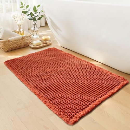 Burnt Orange Bathroom Rug, Fall Waffle Bath Mat Non Slip, 24" x 36"