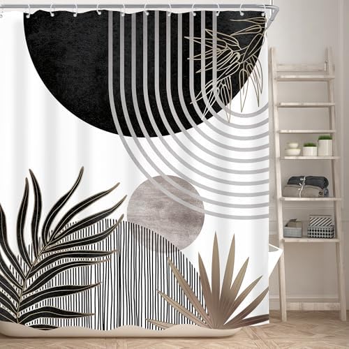 Mid Century Black Gray Boho Abstract Modern Bathroom Shower Curtain Set