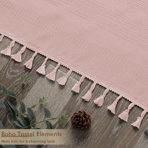 OVZME Extra Long Pink Shower Curtain 96 Inch Long, Boho Linen Textured Soft Fabric Heavy Duty Cloth Bathroom Shower Curtain with Tassel, Tall Farmhouse Luxury Bath Decor, 72Wx96L Inches