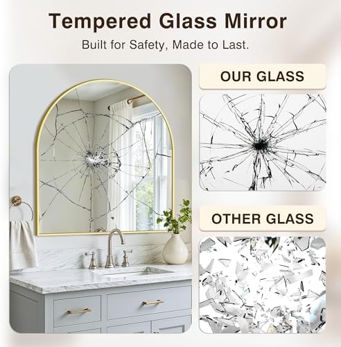 Arched Bathroom Vanity Mirror for Over Sink, 32”x30”, Gold