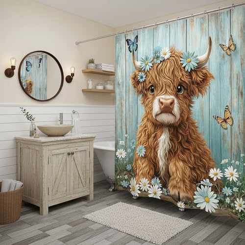 Cow Shower Curtain, Farmhouse Rustic Floral Daisy Funny Highland Cow Shower Curtains for Bathroom, Cute Calf Country Farm Animal Bathroom Decor with Hooks, 70x72 inch