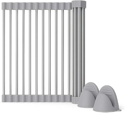 Over Sink Dish Dryng Rack - Roll Up Stainless Stell & Silicone Drying mat, Heat Resistant, Non-Slip & Foldable, Space Saving Kitchen Organizer (17.3"x 15.7")