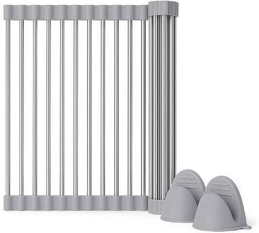 Over Sink Dish Dryng Rack - Roll Up Stainless Stell & Silicone Drying mat, Heat Resistant, Non-Slip & Foldable, Space Saving Kitchen Organizer (17.3"x 15.7")