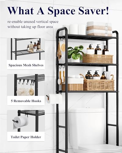Kitsure Over Toilet Storage Rack, 63.2" H Space-Saving, Holder & Hooks