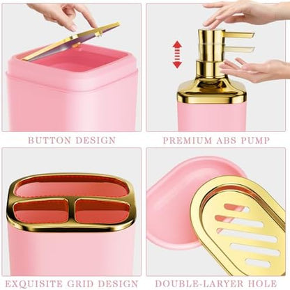 XLHOMO Bathroom Accessories Set - Luxury Pink Bathroom Set, 9 Pieces Bathroom Accessory Set, Pink Bathroom Accessories with Trash Can, Toilet Brush & Soap Dispenser