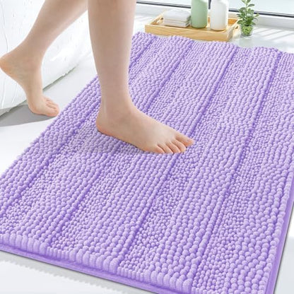 Grandaily Chenille Striped Bathroom Rugs 24x16, Extra Thick and Soft Absorbent Bath Mats, Rubber Backing, Plush Shaggy Shower Carpet, Machine Wash Dry, Bath Rug for Bathroom, Light Purple