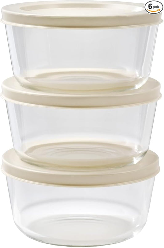 6-Piece Glass Food Storage Containers Set (3 Containers + 3 BPA-Free Lids) | 2-Cup, Leakproof | Microwave, Freezer, Oven & Dishwasher Safe | Ideal for Meal Prep & Pantry Organization, Beige
