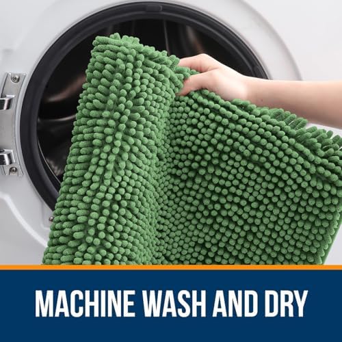 OLANLY Chenille Bathroom Rugs Sets 2 Piece, 24"x16"+24"x20", Olive Green