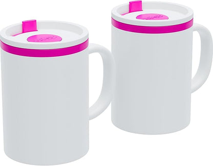 Copco Iconic 16oz Double Wall Insulated Desk Mug with Lid and Handle, Set of 2, BPA-Free Reusable Plastic, Spill-Resistant, Microwave & Dishwasher Safe, Wide Mouth (Pink)