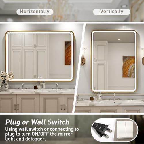 40x30 Inch Gold Frame LED Bathroom Mirror,ETL Listed