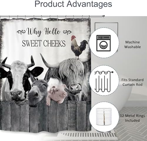 Farmhouse Animal Farm Funny Shower Curtain 60Wx72L Inch Bull Cow Pig Donkey Rustic Country Bathroom Set Accessories Decor Polyester Waterproof with 12 Pack Hooks