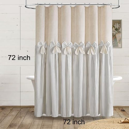 Farmhouse Shower Curtain Linen Bow Pleated Green Stripe 72"W x 72"L