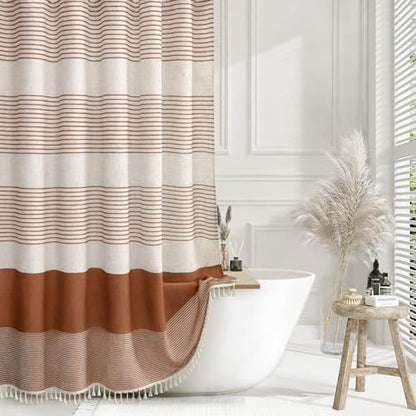 Fall Orange Boho Linen Striped Shower Curtain with Tassel 72"W X 72"L