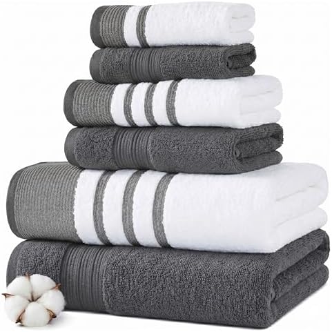 Modern Threads 6 Piece Bath Towel Set – Bathroom Towel Set with 2 Bath Towels, 2 Hand Towels & 2 Washcloths – 100% Cotton, Soft & Absorbent – Classic Border Stripe (Gray)