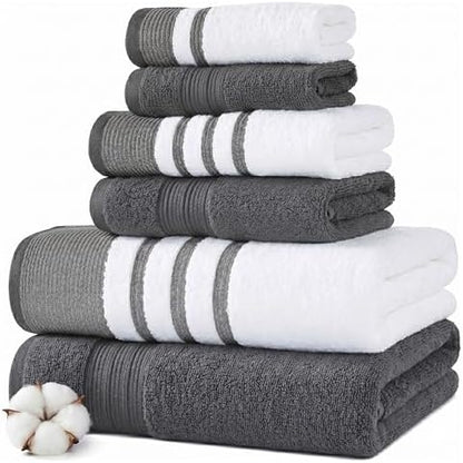 Modern Threads 6 Piece Bath Towel Set – Bathroom Towel Set with 2 Bath Towels, 2 Hand Towels & 2 Washcloths – 100% Cotton, Soft & Absorbent – Classic Border Stripe (Gray)