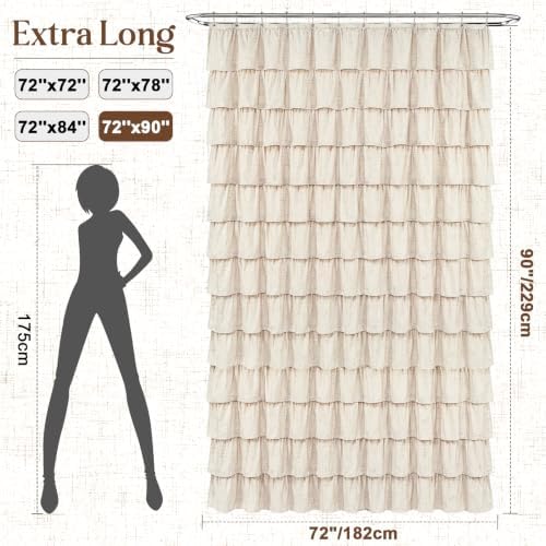 Extra Long Farmhouse Shower Curtains for Bathroom with Ruffle, 72"Wx90"L