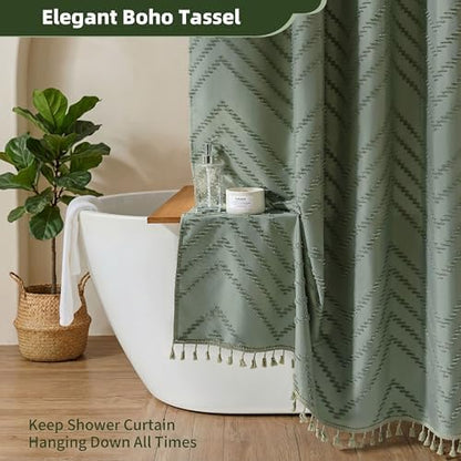 Siiluminisoy Boho Extra Long Sage Green Shower Curtain with Tassel, Woven Fabric, Tufted Chevron Striped, 72 x 78, Modern Chic Textured Minimalist