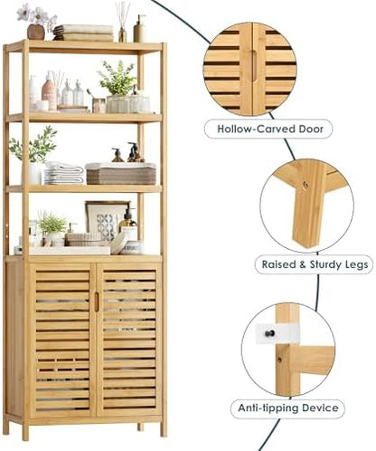 HIFIT 66" Tall Bathroom Storage Cabinet, Natural Bamboo Cabinet, for Narrow