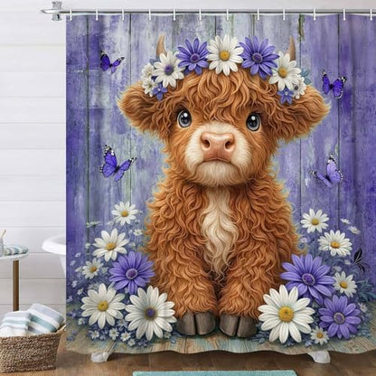 Cute Cow Shower Curtain, Farmhouse Rustic Purple Floral Daisy Highland Cow Shower Curtains for Bathroom, Calf Country Farm Animal Garden Plant Fabric Bathroom Decor with Hooks, 60x72 inch