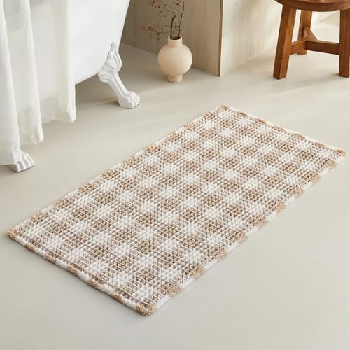 TYUU Waffle Bath Mat, Boho Bathroom Rugs Non Slip, 48x24 Khaki & White