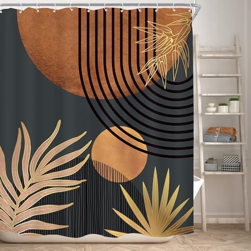 Mid Century Brown Black Boho Abstract Modern Bathroom Shower Curtain Set
