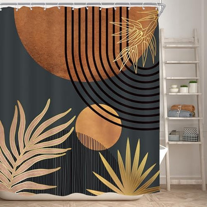 Mid Century Brown Black Boho Abstract Modern Bathroom Shower Curtain Set