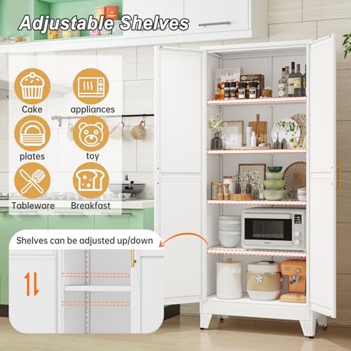 winiowa Metal Pantry Cabinet with 2 Doors and Adjustable Shelves - 71" Kitchen Storage Cabinet with Gold Handles - Versatile Storage for Kitchen, Bathroom, Dining Room, Utility Room - White