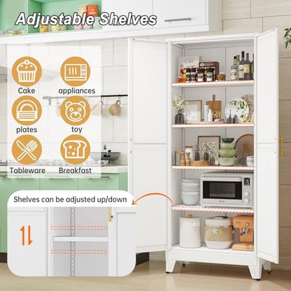 winiowa Metal Pantry Cabinet with 2 Doors and Adjustable Shelves - 71" Kitchen Storage Cabinet with Gold Handles - Versatile Storage for Kitchen, Bathroom, Dining Room, Utility Room - White