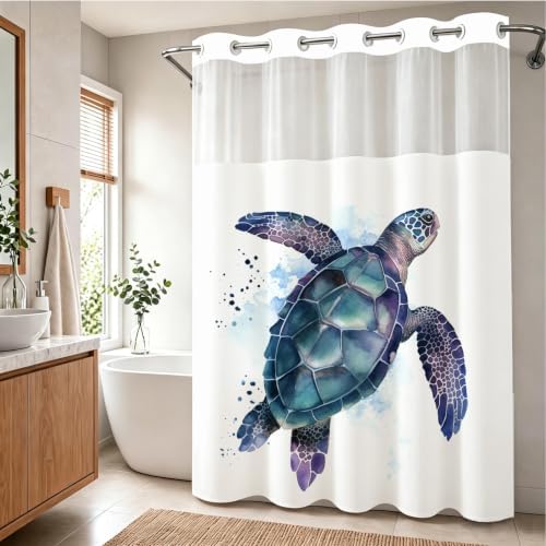 Funny Sea Turtle Shower Curtains Ocean Animal Cartoon Kids Theme No Hook Waffle Weave Shower Curtain with Snap in Liner Polyester Fabric Bathroom Decor Set 72 W x 86 H Inch Teal Purple