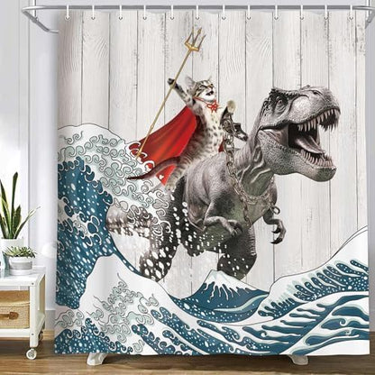 Funny Cat Riding Dinosaur Shower Curtain - Japanese Ocean Wave Design, Nautical Kids Children Rustic Wooden Farmhouse Style, 72X75inch, Brown