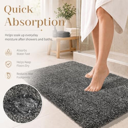 Yimobra Luxury Bathroom Rugs, Fluffy Bath Mats, Non Slip, Water Absorbent Microfiber, Machine Washable, Plush Runner Shower Rug, Thick Mat for Bathroom Floor/Tub, 60" X 24", Light Gray and Black Gray
