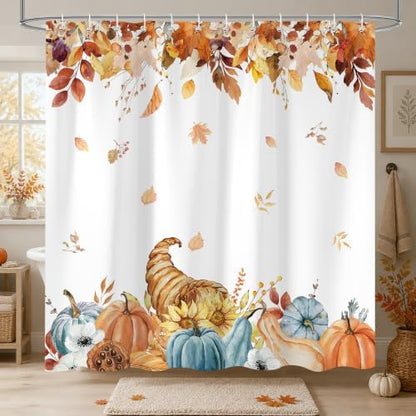 Harvest Pumpkin Shower Curtain, 72 x 78 Inch Watercolor Fall Bathroom Curtain with Autumn Leaves, Cornucopia and Blue Pumpkin Design, Farmhouse Bath Decor