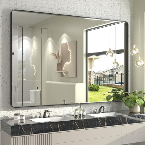 60x40 Inch Black Metal Framed Bathroom Mirror for Wall