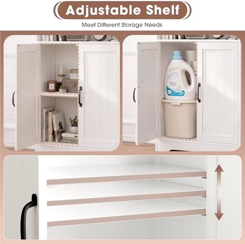 GRUSIGN 43.3" H Bathroom Storage Cabinet with Doors, Freestanding Small Bathroom Cabinet Organizer, Farmhouse Cupboard, Adjustable Shelves, for Laundry Room, Kitchen, Living Room, White