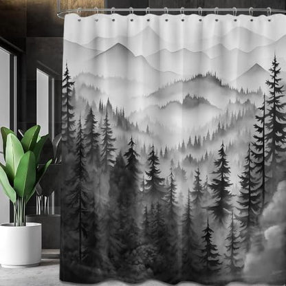 Black and White Forest Shower Curtain, 72x72 in, Mens Mountain Nature
