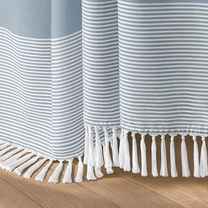 Blue Coastal Ocean Cotton Striped Shower Curtain with Tassel 72"W X 84"L
