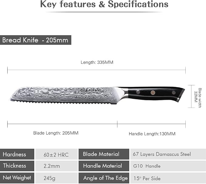 TURWHO Professional serrated Bread Knife 8 Inch - Classic Damascus pattern Japanese VG-10 Steel Kitchen Knives