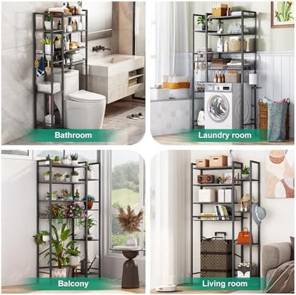 Kalrin 8-Tier Over The Toilet Storage with Side Rack, Over Toilet Storage Rack with Adjustable Shelf & Drain Basket, Freestanding Bathroom Organizer for Balcony, Laundry (Modern Grey)