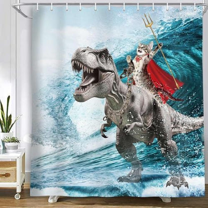 Funny Cat Shower Curtain, Cool Cat Dinosaur Japanese Ocean Wave Shower Curtain, Cat Riding Dinosaur Fun Shower Curtain Nautical Kids Children Rustic Wooden Farmhouse Shower Curtain, 60X70inch, Blue