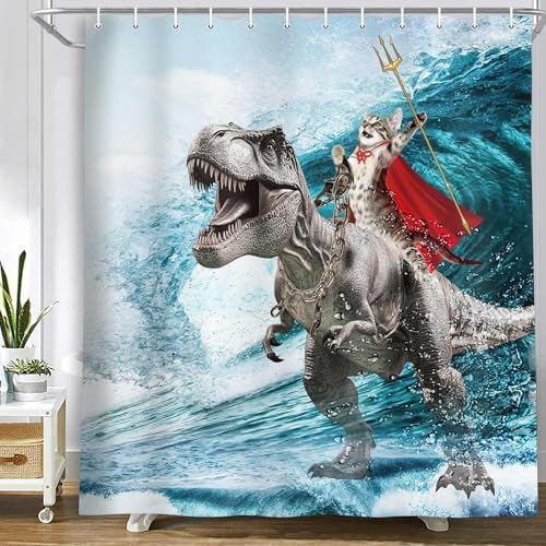 Funny Cat Shower Curtain, Cool Cat Dinosaur Japanese Ocean Wave Shower Curtain, Cat Riding Dinosaur Fun Shower Curtain Nautical Kids Children Rustic Wooden Farmhouse Shower Curtain, 72X78inch, Blue