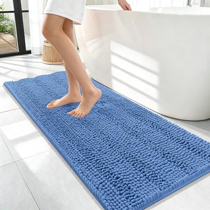 OLANLY Bathroom Runner Rugs 47x17, Soft Chenille Bath Rugs, Cornflower Blue