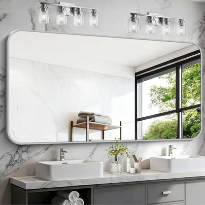 Silver Bathroom Mirror, 72 x 36 Inch Large Rectangle Mirror, Rectangular Vanity Mirror Aluminum Metal Frame, Rounded Corner Wall Mirror for Living Room Bedroom Entryway Horizontal/Vertical