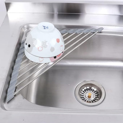 Over the Sink Dish Drying Rack Roll Up and Triangle for Kitchen Corner Drainer Mat Foldable Stainless Steel (Triangle), Silver