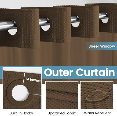 EUTXL Heavyweight Waffle No Hook Shower Curtain with Liner, Brown, 71x74