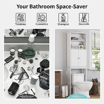 Shintenchi Over the Toilet Storage Cabinet, Bathroom Above the Toilet Rack, Bathroom Adjustable Shelf Organizer with Open Bottom Bar and Anti-Tip Device, White