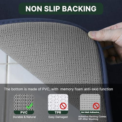 H.VERSAILTEX Kitchen Mat 2 PCS Non Slip Memory Foam Flannel Velvety Kitchen Runner Rugs Set - Water Absorbent Soft (47" x 17" + 24" x 17", Navy)