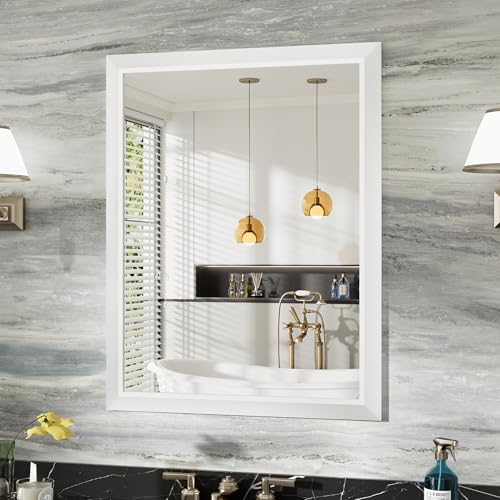Briivue Bathroom Wall Mirror, White Metal Frame, 24x32 Inch