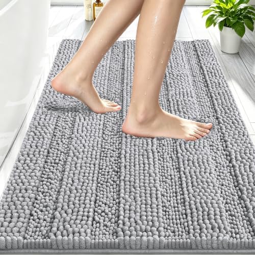 Smiry Thick Chenille Bathroom Rugs 30x20, Absorbent Bath Mat, Light Grey